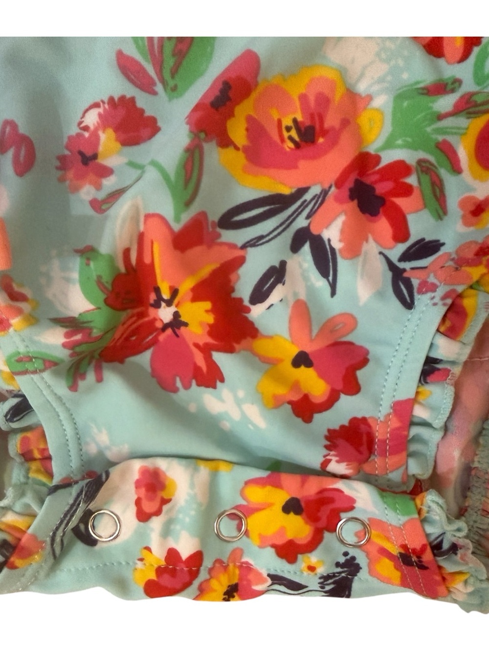 Ruffle Butts Light Blue Floral Long Sleeve Swim Suit with Pink & Yellow Flowers - Picture 4 of 12